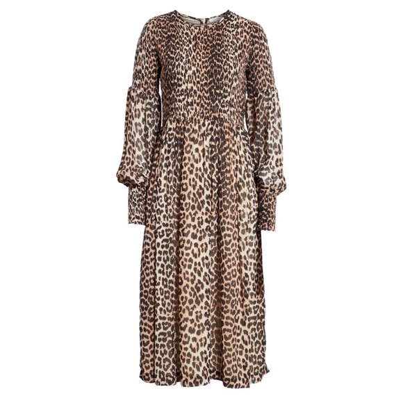 ganni smocked leopard dress